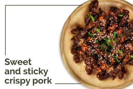 Delicious sticky crispy pork offered by Cuca Bali